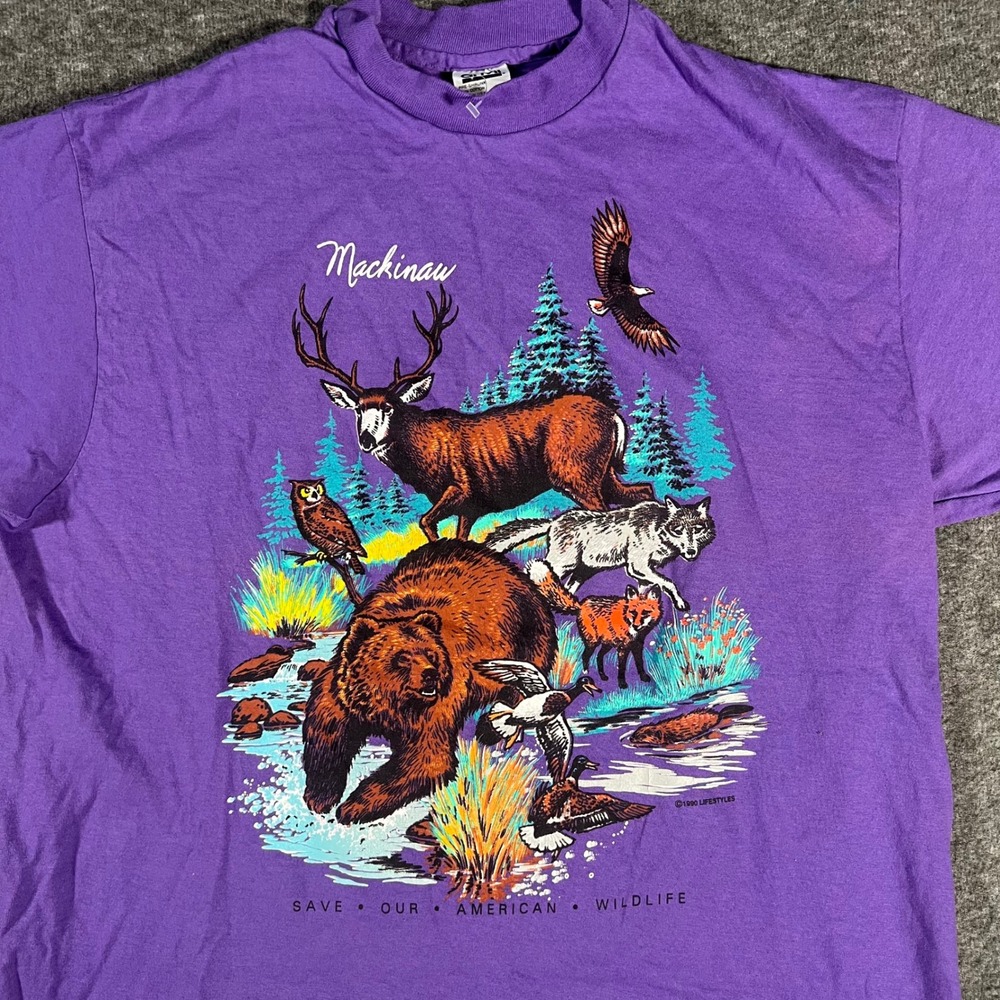 Vintage 90s Mackinac Save Our American Wildlife T-Shirt Purple Anvil XL Nature - Picture 2 of 4